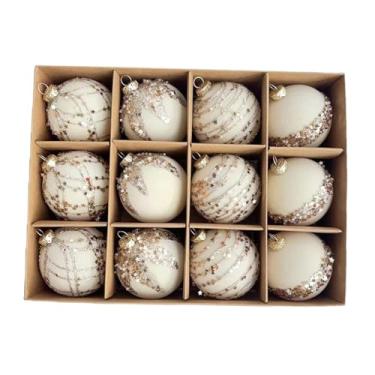 Imagem de UGPLM Conjunto de 12 bolas de Natal com glitter para decoração de árvore de Natal, inquebráveis, de 6 cm, para casa, inauguração e jardim, Bege