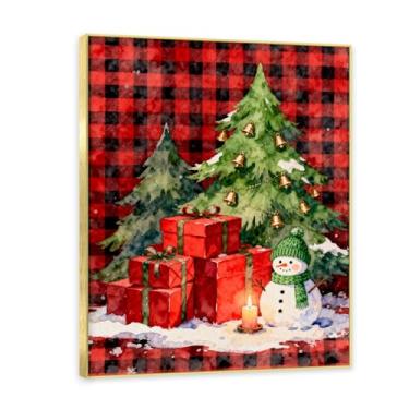Imagem de Moldura dourada. Arte de parede de tela de Natal rústica vintage, fundo preto xadrez búfalo aconchegante com elementos clássicos de férias, decoração de parede de casa de fazenda para sala de estar