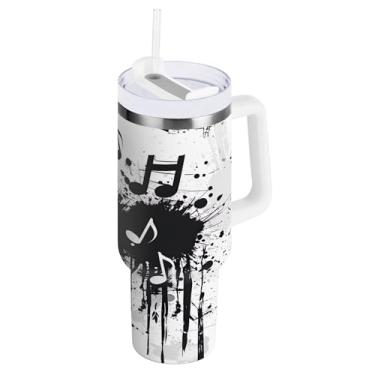Imagem de xigua Music Notes Copo de 1,134 g com tampa e canudo, aço inoxidável de vácuo duplo isolado garrafa de água esportiva suporte para copo de café de viagem à prova de vazamento para bebida gelada