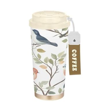 Imagem de SEHANY Caneca de viagem de pássaro colorida de 482 g Copos de café reutilizáveis revestidos de cerâmica com tampa à prova de vazamento, parede dupla, copo de café de aço inoxidável isolado a vácuo