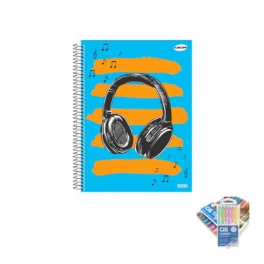 Imagem de Kit Caderno Masculino 10 Matérias Capa Dura 200 Folhas + Caneta Trigel Metálica + Marca Texto Lumini Pastel