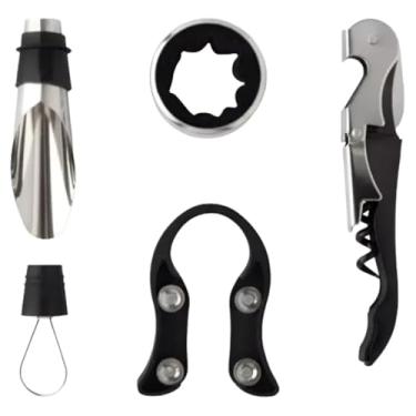 Imagem de Conjunto Kit para Vinho 5 Peças em Inox Abridor de Garrafa Saca-Rolhas Anel Antigota Bico Dosador Prateado e Preto Premium