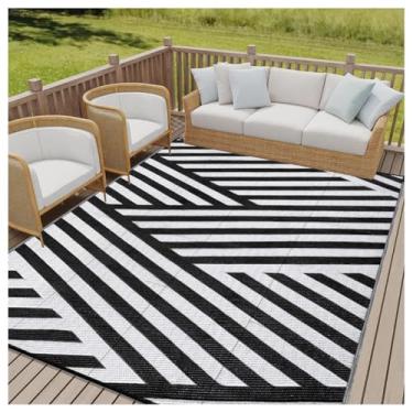 Imagem de SPXMQSS Tapetes externos para pátio, antiderrapante, reversível, tapete de plástico dobrável para acampamento, deck, praia, piquenique, quintal, preto e branco 274 x 366 cm