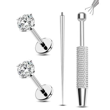 Imagem de Jewseen 2 peças brinco de titânio com costas planas 16G medusa cartilagem piercing joias internamente rosca labret lábio stud aço cirúrgico 6 mm helix tragus conch brinco para mulheres e homens