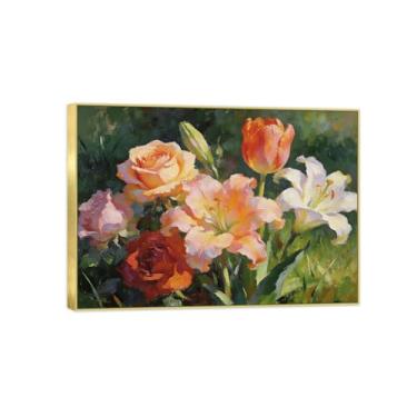 Imagem de Pintura de arte de parede de flores - imagem de decoração vintage - lírios e rosas - impressões em tela moldura dourada para sala de estar 90 x 125 cm 35 x 49 pol