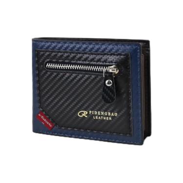Imagem de Carteira masculina texturizada com bolso frontal com design de bloqueio de cor, carteira de fibra de carbono de grande capacidade, Azul + preto, Casual