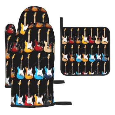 Imagem de Conjunto de cozinha essencial de 3 peças com estampa de guitarra, luvas resistentes ao calor e aderência da tampa, proteção para churrasco no forno, design de armazenamento suspenso.