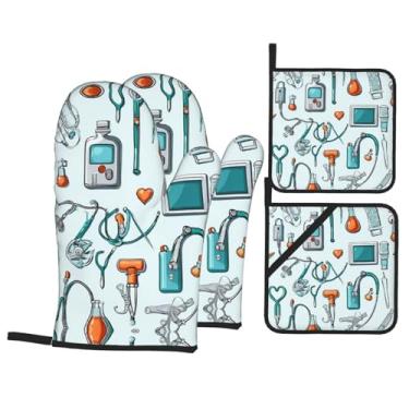 Imagem de Cute Nurse - Conjunto de luvas de cozinha estampadas com suportes de tampa, luvas de forno resistentes ao calor para manusear panelas quentes, grelhar, churrascos, kit de 4 peças.