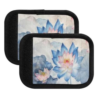 Imagem de Qilmy Linda tinta azul flores de lótus pacote com 4 identificadores de bagagem, identificadores de bagagem, capa de pega confortável para carrinho de bebê, mala de viagem, acessórios de viagem de