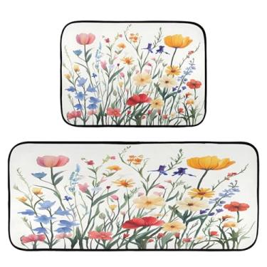 Imagem de Qilmy Tapetes de cozinha de flores silvestres aquarela 2 peças, tapete de entrada frontal, antiderrapante, alivia a fadiga, lavável, tapete para cozinha, quarto, varanda605