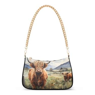 Imagem de CEBUGI Bolsas transversais femininas bolsa de ombro Highland Cow Bolsa clutch elegante com alça de corrente