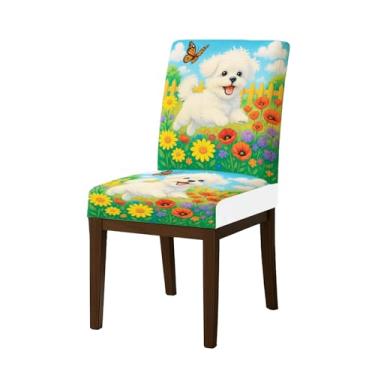 Imagem de HOMETITUTE Capas de cadeira de alta elasticidade para cadeiras de jantar, laváveis, conjunto de 4 capas macias para assento de cozinha, adorável borboleta maltesa, para casa, hotel, restaurante