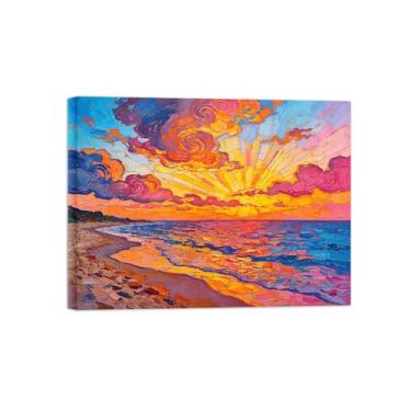 Imagem de Pintura abstrata de parede - mar praia nuvens pôr do sol - imagem de decoração moderna - impressões em tela para sala de estar pronta para pendurar tela emoldurada 60x80cm24x31in