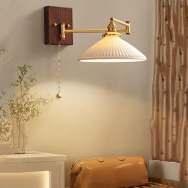 Imagem de Luminária de parede de latão com braço articulado, arandelas de vidro plissado com corrente, luz de leitura, luminária de parede de madeira com vidro leitoso para quarto, mesa de cabeceira,