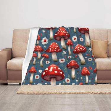 Imagem de ZTPOWQA Cobertores de pelúcia com estampa de cogumelo vermelho branco 127 x 101 cm, cobertor aconchegante para sofá, macio e quente para decoração de casa