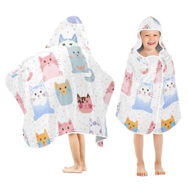 Imagem de Burbuja Toalha de banho com capuz de gatos de desenho animado para crianças, toalha de praia de pelúcia macia absorvente para meninas e meninos 3-10 anos, 61 x 127 cm
