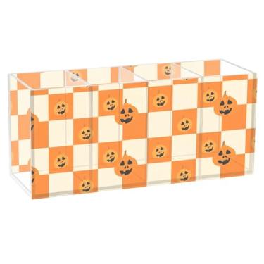 Imagem de Burbuja Porta-canetas de acrílico Orange Checkered Pumpkins, 4 compartimentos, suporte de lápis transparente para pincel de maquiagem estacionário, acessórios de mesa de escritório em casa