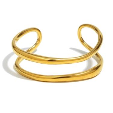 Imagem de Pulseira feminina com duas camadas de aço inoxidável, fio grosso, aberto, delicada, banhada a ouro 18K, prata, dois tons, ajustáveis, pulseiras, joias modernas, 64mm Inner Diameter, Aço inoxidável