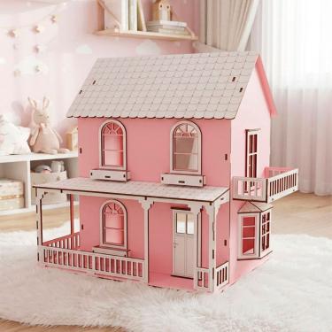 Imagem de Casinha Boneca Rosa Branco Miniatura MDF Polly Barbie 38cm