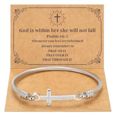 Imagem de DS Presente religioso para ela pulseira cruz cristã versículo bíblico God is within her she will not fall pulseiras inspiradoras para mulheres joias de aço inoxidável presente para filha melhor amiga