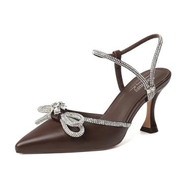 Imagem de Susanny Sapato feminino fechado Rhinstone casamento salto baixo slingback transparente gatinho, tira ajustável, bico fino, salto alto, vestido de formatura, Laço Coffeepu, 42