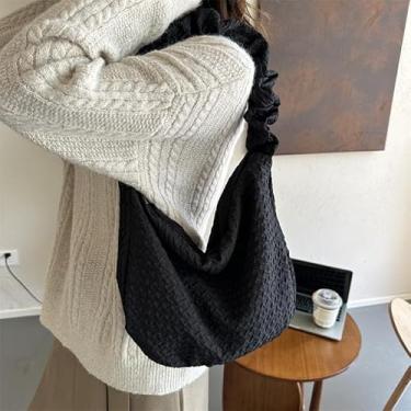 Imagem de Bolsa de ombro vintage, bolsa axila de grande capacidade com alça transversal, bolsa retrô estilo Hobo, Preto