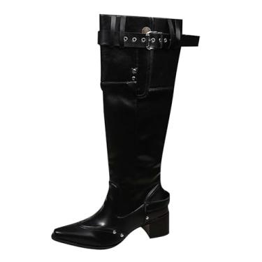 Imagem de Botas femininas de salto médio cano médio fivela de cinto bico fino salto grosso botas altas outono inverno moda tendência botas confortáveis, Preto, 35