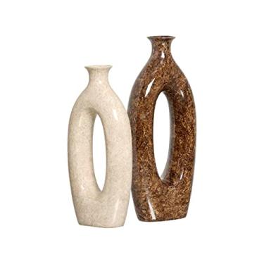 Imagem de Vaso Decorativo de Mesa Marrom e Bege de Cerâmica Dupla Taj Marmorizado Petra