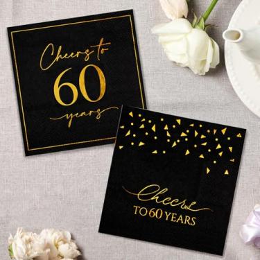 Imagem de Guardanapos de coquetel "Cheers to 60 Years", 2 guardanapos de aniversário de 50 peças - 60 anos, guardanapos de festa, guardanapos de papel para bebidas de papel para decorações de aniversário de 60