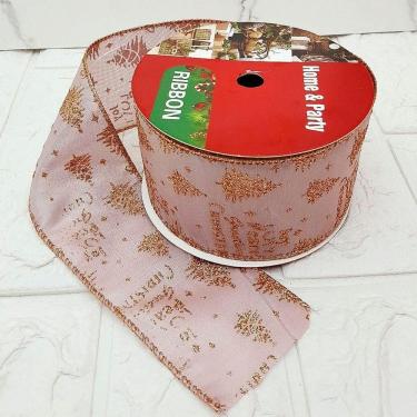 Imagem de Rolos Fita Aramada Rose Gold árvore Natal 6,3cm 9m Kit 2pçs