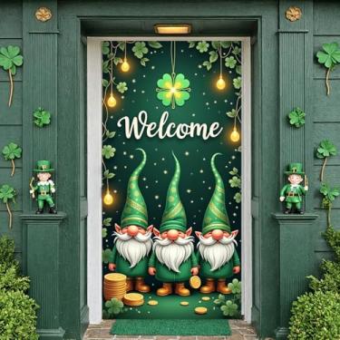 Imagem de Welcome St Patrick's day Door Cover,71x35" Green Gnome Lucky Shamrock Clover Gold Coins Porch Sign Banner Fabric St. Patricks' Day Front Door Photo Backgroud for St.Patrick’ Day Party Decoration