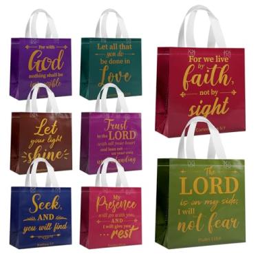 Imagem de PHOGARY 8 peças de sacos de presente cristão com alça, saco de igreja reutilizável não tecido, versículo bíblico de tamanho médio, bolsa de presente religiosa para boas-vindas, batismo de visitantes