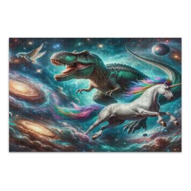Imagem de Quebra-cabeça de dinossauro e unicórnio no espaço, 1000 peças, quebra-cabeças de fantasia para adultos com letras nas costas