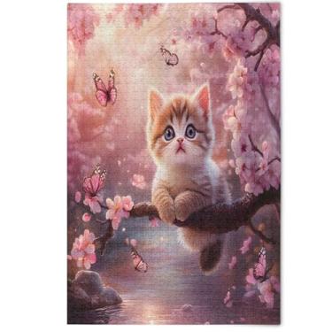 Imagem de Pink Cherry Bloom Cute Cat Adult Puzzles Jigsaw 500 Pieces Animal Painting Art Cool Large Puzzles Tech Game Puzzle Gifts, 500 Pieces, 20.5" x 14.9"