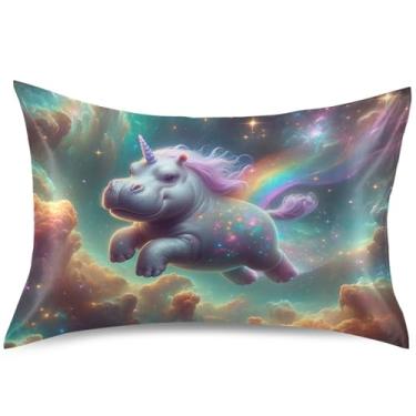 Imagem de Capa de almofada de cetim unicórnio hipopótamo extravagante espaço king queen padrão almofada premium refrescante almofada de cama macia confortável, tamanho Queen, 76,2 cm x 50,8 cm