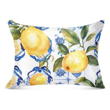Imagem de Capas de travesseiro de flanela grande com estampa de limão floral azul grande decoração padrão king queen size capa de travesseiro grande sonolento, tamanho do corpo, 53 cm x 137 cm
