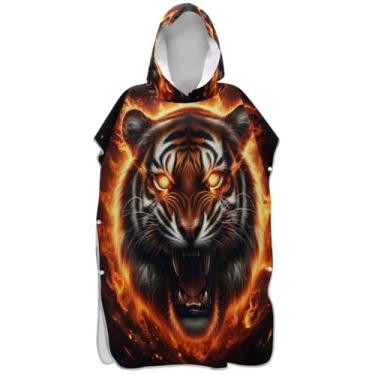 Imagem de Joisal Roupão de mudança de tamanho grande para adultos, poncho de surfe, praia, moletom com capuz, toalha de natação, chama, tigre, preto, masculino, feminino, poncho com capuz