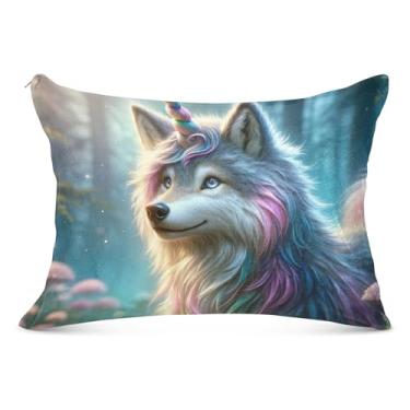 Imagem de Fronha fofa engraçada de unicórnio lobo com zíper padrão Queen King Size fronha fofa para sofá de cama de casa, tamanho Queen, 50,8 cm x 76,2 cm