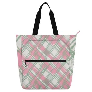 Imagem de GAIGEO Bolsa de trabalho feminina xadrez, rosa, verde, lona, praia, livros, zíper, linda bolsa infantil com compartimentos