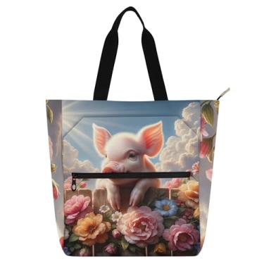 Imagem de GAIGEO Sacola fofa de porco com flores de primavera para crianças, mulheres, trabalho, escola, reutilizável, com zíper, bolsa de mão