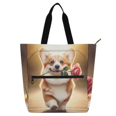 Imagem de Linda bolsa feminina Corgi Dog Rose para trabalho, lona, praia, escola, professores, livros, presentes
