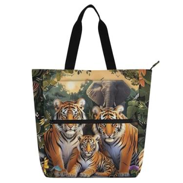 Imagem de GAIGEO Bolsa de trabalho feminina Family Tigers Animals Tote escolar de lona com zíper para professores e compartimentos