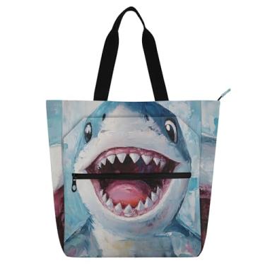 Imagem de GAIGEO Sacolas de trabalho femininas engraçadas de tubarão de lona para praia com zíper bolsa infantil fofa com compartimentos