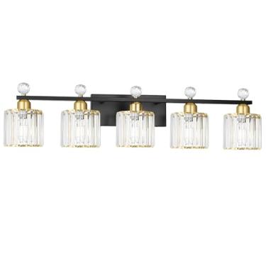 Imagem de Lxybcce Luminária De Penteadeira Com 5 Luzes Pretas E Douradas, Luminárias Modernas Cristal Para Banheiro, Parede Banheiro Cúpula Vidro Transparente, Arandela Quarto Espelho Sala Estar, Base E26