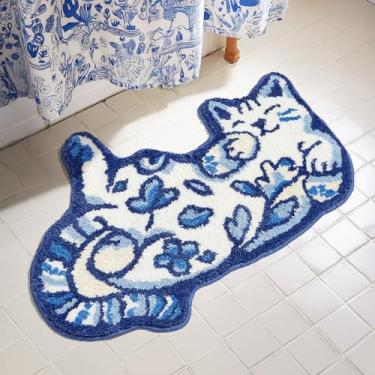 Imagem de Softania Tapete de gato Delft azul - Tapete de banheiro de gato fofo super absorvente e antiderrapante, tapete macio e fofo para banheiro pequeno ou chuveiro