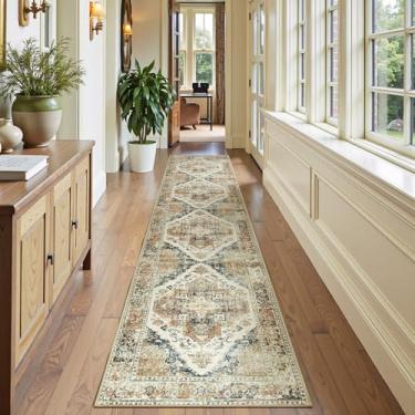 Imagem de jinchan Tapete de corrida 5 x 25 cm, estampa vintage, tapete de chenille fino, lavável, antiderrapante, retrô, elegante, tapete para corredor, para cozinha, quarto, sala de jantar, lavanderia