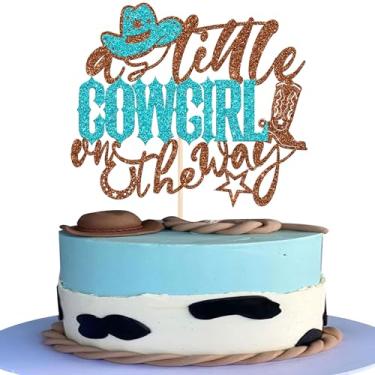 Imagem de Pacote com 1 A little Cowboy is on the Way Topper Glitter Cowboy Baby Shower Cake Pick Decorações de festa ocidentais para meninos ocidentais chá de bebê festa de aniversário decoração de bolo