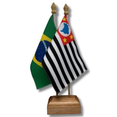Imagem de Bandeira de Mesa Elegance Brasil e São Paulo, Dupla Face, 19x13cm, Base em Madeira, 30cm Altura Total, Decorativa para Escritório e Eventos