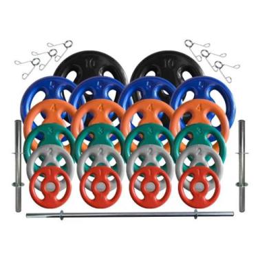 Imagem de Kit Anilhas Emborrachadas 80 Kg + Barras com Presilhas - BOX INGÁ