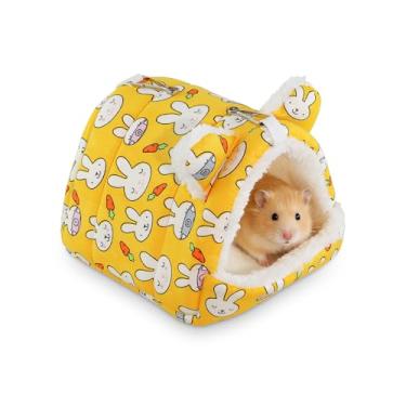 Imagem de MultiValue Esconderijo de porquinho-da-índia, cama de hamster fofa e aconchegante, camas quentes para animais pequenos com 2 ganchos para hamster, porquinho-da-índia, coelho anão (amarelo)